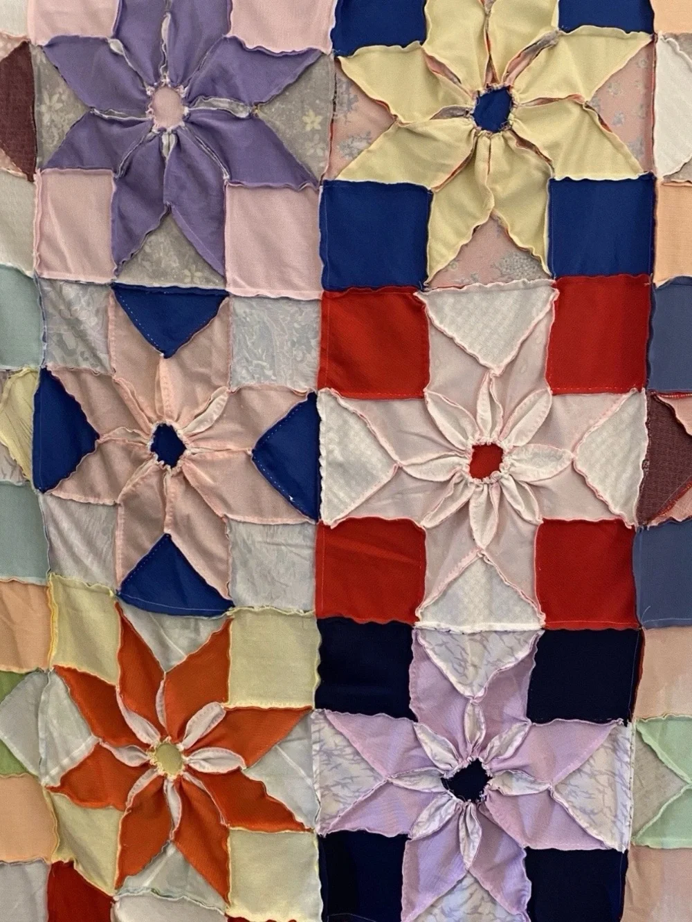 Vtg 70s Polyester Quilt Topper 87x87 Hand Stitched Dahlia Star Flower Retro